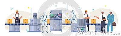 Automated production line. Robot machines, conveyor belt, boxes. Industry automation, assembly and packaging, vector. Vector Illustration