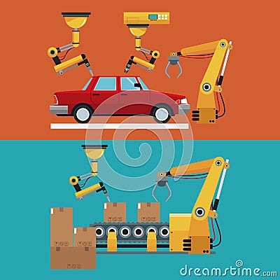 Automated production line robotic factory banner Vector Illustration