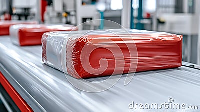 Automated production line with wrapped red blocks for dispatching and delivery Stock Photo
