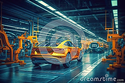 Automated Robot Arm Assembly Line in Car Factory Producing Electric Vehicles. created with Generative AI Stock Photo