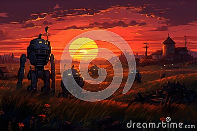 Automated Robot farm machine sunset. Generate Ai Stock Photo