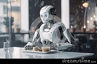 Automated robot serving food in restaurant. Generative AI. Stock Photo