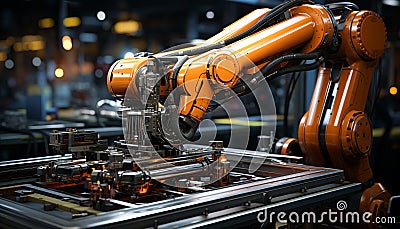 Automated robotic arm constructs steel machinery in futuristic factory generated by AI Stock Photo