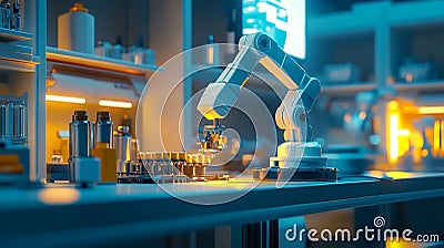 Automated robotic arm performing precision assembly in a futuristic factory setting Stock Photo