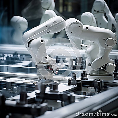 Automated robotic arms assembly working in laboratory. Generative AI Stock Photo