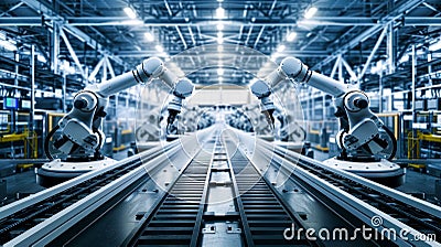 Automated Robotic Assembly Line in Modern Factory. Generative ai Cartoon Illustration