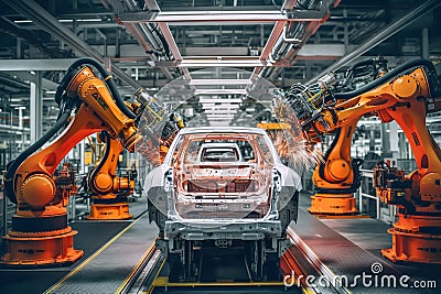 Automated Robotic modern electric car Production Line. Welding Industrial Production Conveyor Stock Photo