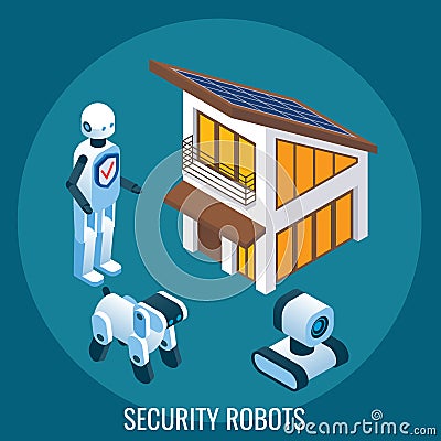 Automated security and surveillance robots protecting house, vector isometric illustration. Artificial intelligence. Vector Illustration