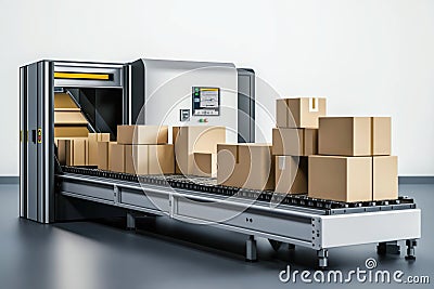 Automated sorting machine processes cardboard boxes on conveyor belt. Modern tech logistics system handles packages efficiently. Stock Photo