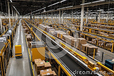 Automated sorting system equipment in action at busy distribution center during peak operations Stock Photo