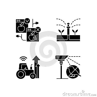 Automated systems in agriculture black glyph icons set on white space Vector Illustration