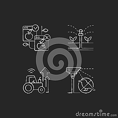 Automated systems in agriculture chalk white icons set on dark background Vector Illustration