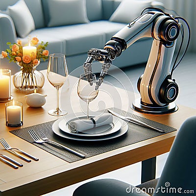 Automated Table Setting Robotic arms set the table with precisio Stock Photo