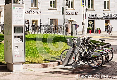 Automated urban bike rental station. Moscow Editorial Stock Photo