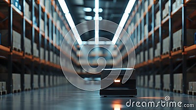 Automated warehouse with advanced robotics, efficient storage, high-tech environment, future concept Stock Photo