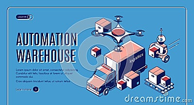 Automated warehouse logistics, isometric banner Vector Illustration