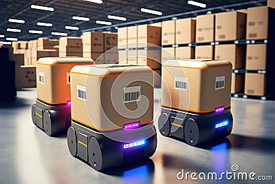 Automated warehouse with robots and machines working together to process and store goods. Generative AI Stock Photo