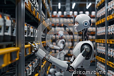 Automated warehouse scene where multiple robotic arms are efficiently selecting and retrieving items from organized shelves Stock Photo