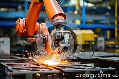 Automated Welding Robots in a Car Factory Precision Welding of Car Bodies. created with Generative AI Stock Photo
