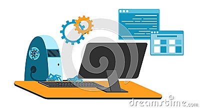 Automated work of software, business project development, robot using keyboard at table Cartoon Illustration