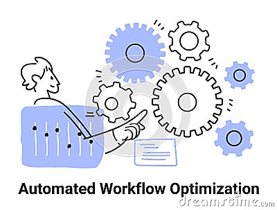 Automated workflow optimization concept with gears person interacting with controls blue accents minimalist design Vector Illustration