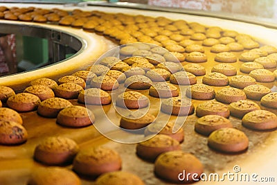 Automatic bakery production line with sweet cookies on conveyor belt equipment machinery in confectionary factory workshop Stock Photo