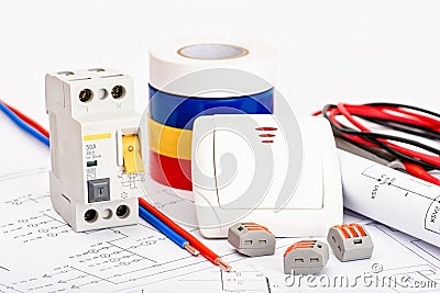 Automatic circuit breakers, copper single core cable. Accessories for safe and secure electrical installation. Electrical Stock Photo
