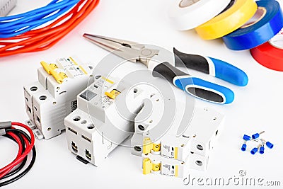 Automatic circuit breakers, copper single core cable. Accessories for safe and secure electrical installation. Electrical Stock Photo