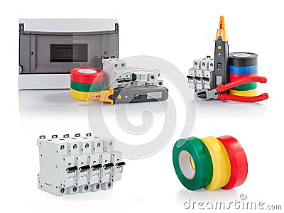 Automatic circuit breakers, insulation tape, tester Stock Photo