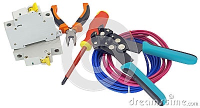 Automatic circuit breakers, pliers, cable and stripper Stock Photo
