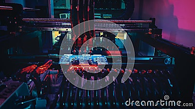 Automatic CNC machine Work: Assemble of system board elements by robotic hand. Editorial Stock Photo