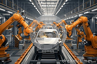 Automatic Construction. Automobile assembly line production, Car Factory, Automated Robot Arm Stock Photo