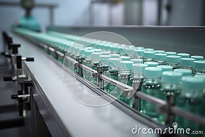 automatic conveyor belt with glass bottles of Immunizing serum AI generated Stock Photo