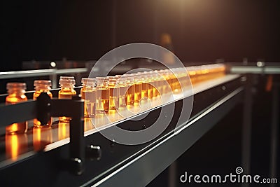automatic conveyor belt with glass bottles of Immunizing serum AI generated Stock Photo