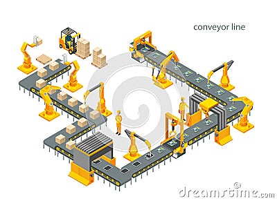 Automatic factory with conveyor line and robotic arms. Assembly process. Vector Vector Illustration