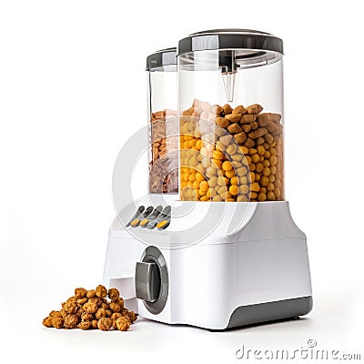 Automatic feeder. Automatic pet food dispenser on floor of house. Smart pet feeder. Stock Photo