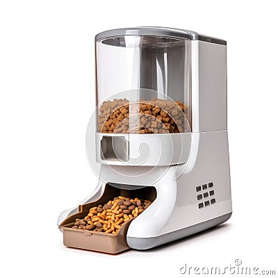 Automatic feeder. Automatic pet food dispenser on floor of house. Smart pet feeder. Stock Photo