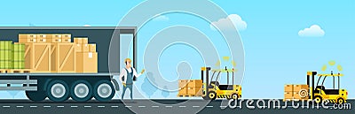 Automatic Forklift Car Carrying Freight to Truck Stock Photo
