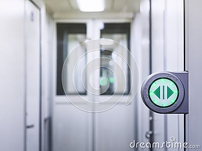 Automatic Gate with green open sign in Train Automatic door access Stock Photo