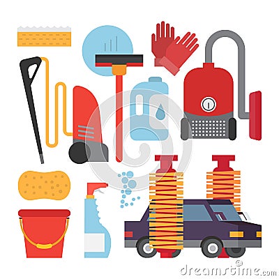 Automatic and hand carwash facilities. Cleaning equipment car washing set. Flat vector icons. Vector Illustration