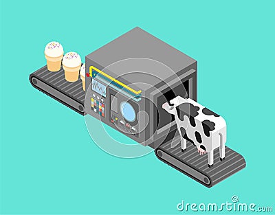 Automatic ice cream production. Cow and icecream Production complex of technological equipment. Engineering vehicle isometric. Vector Illustration