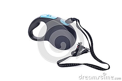 Automatic leash for dog on a white background with shadows, roulette type, pets shop assortment, products Stock Photo