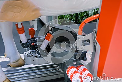 Automatic milking robot arm machine at cattle dairy farm, trade show - close up Stock Photo