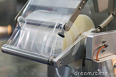 Automatic packing machine with plastic bag and paper box Stock Photo