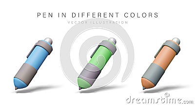 Automatic realistic pen in tilted position. Set of objects of different colors Vector Illustration