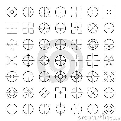 Automatic rifle sniper scope crosshairs thinline icon set. AR Collimator sight glyphs. Military war gun aim silhouettes Vector Illustration