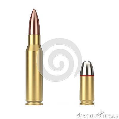 Automatic Rifles 7.62 mm Caliber and 9 mm Metal Gun Bullet. 3d Rendering Stock Photo
