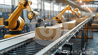 Automatic robot arm in idustrial shipment warehouse with conveyor belt with catboard parcels getting ready for shipping Stock Photo