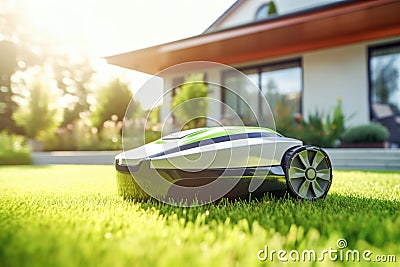 Automatic robotic lawn mower on a green lawn with modern house in background at sunny day Stock Photo