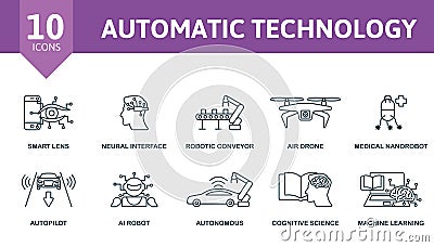 Automatic Technology icon set. Monochrome simple Automatic Technology icon collection. Smart Lens, Neural Interface Vector Illustration